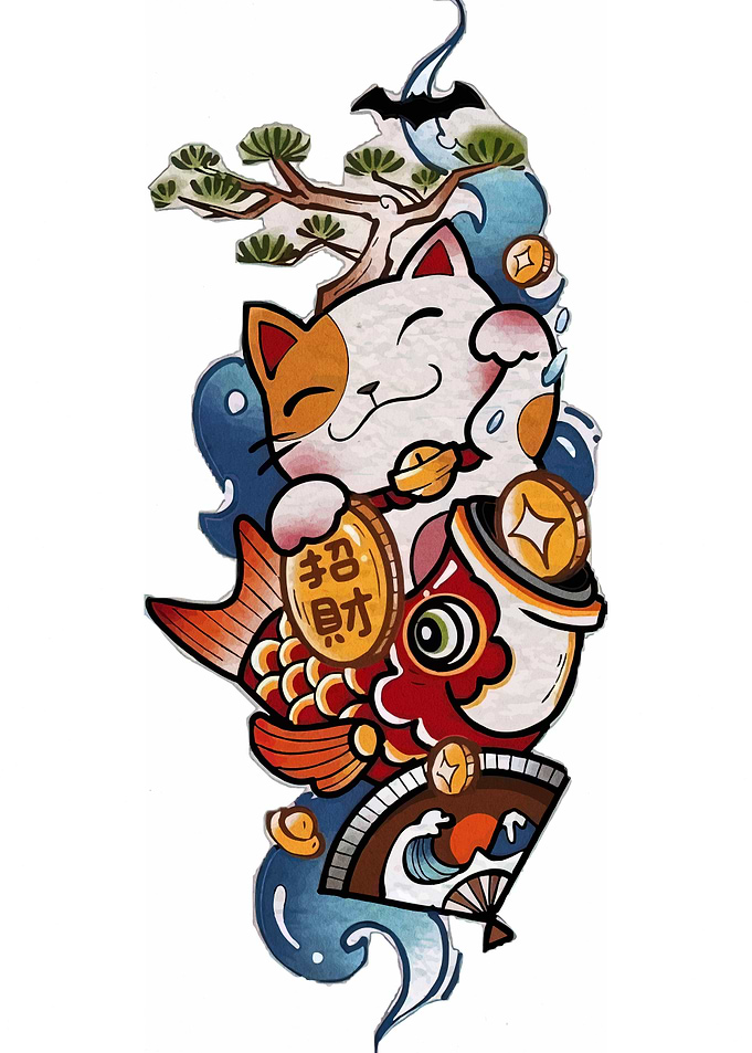 Maneki Neko with Koi Fish Tattoo
