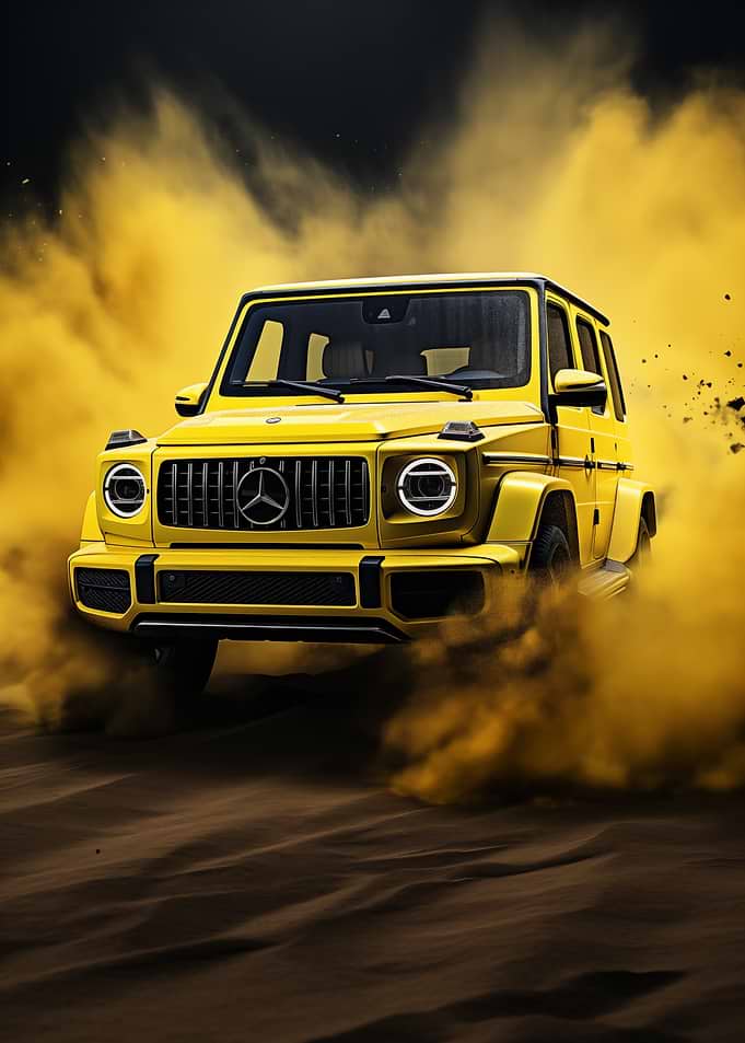 Yellow luxury SUV in smoke