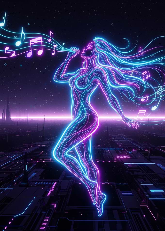 Neon Singer in Cyberpunk Cityscape