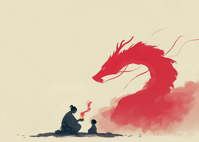 Samurai, Child, and Red Dragon Silhouette