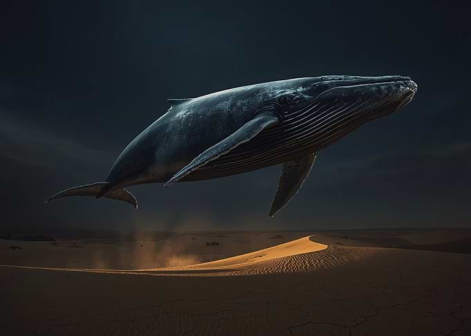 Whale Flying Over Desert Landscape