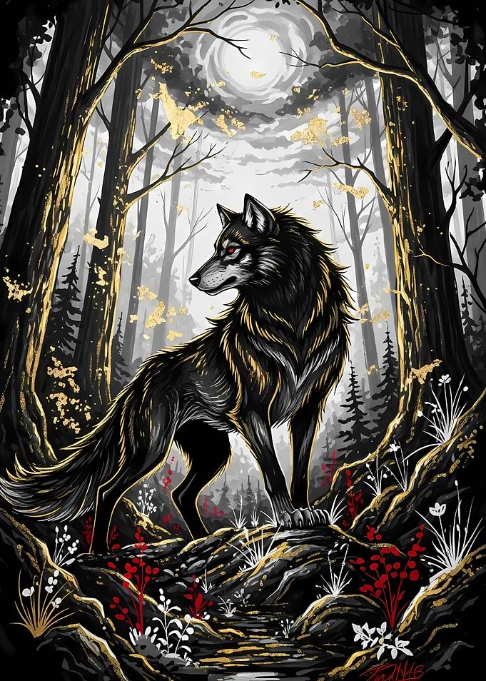 Wolf in Forest with Golden Accents
