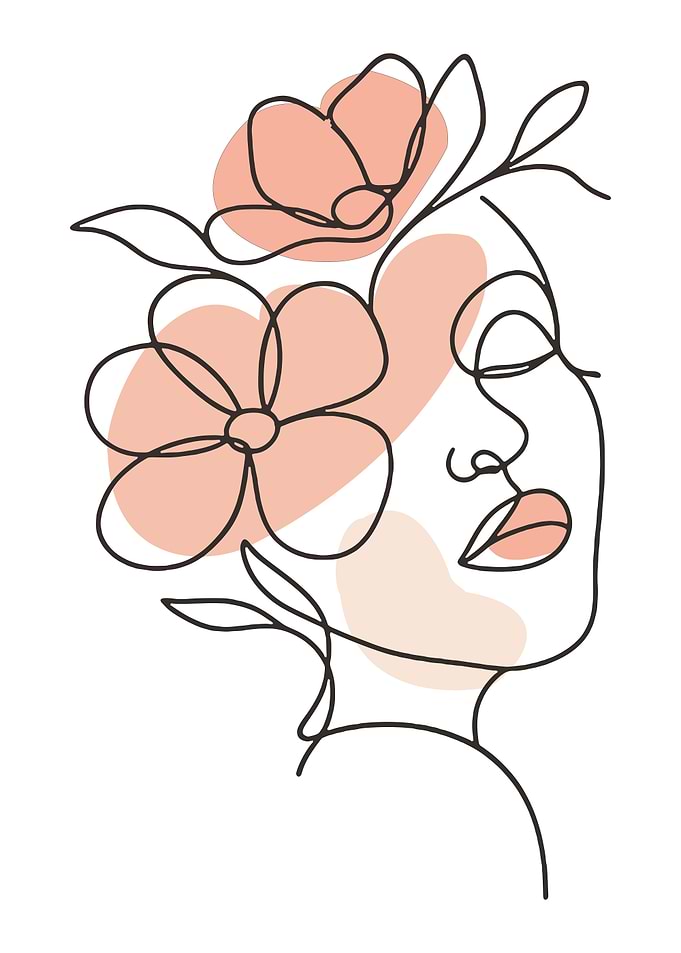 Woman's face with flowers line art