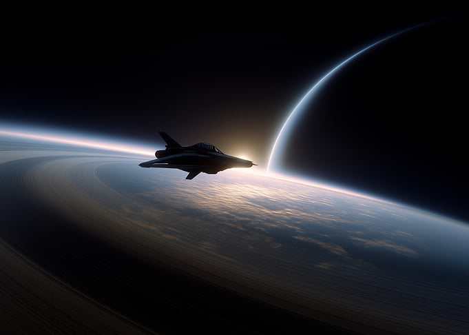 Spacecraft over ringed planet