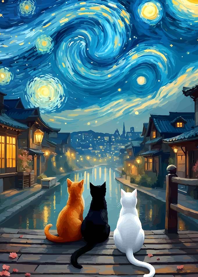 Cats gazing at starry night cityscape