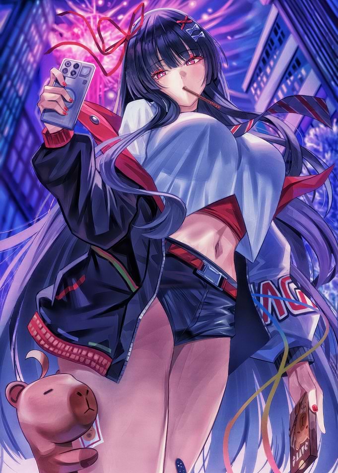 Anime Girl in Cityscape with Smartphone