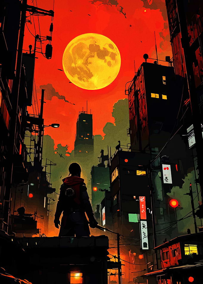Cyberpunk Cityscape with Figure and Moon