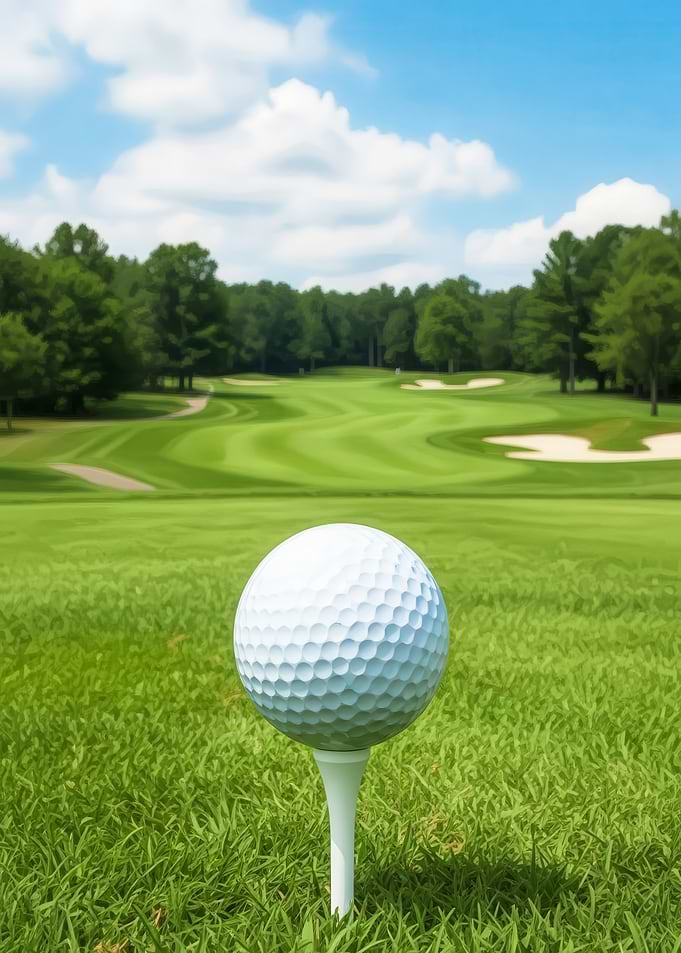 Golf ball on tee, green course