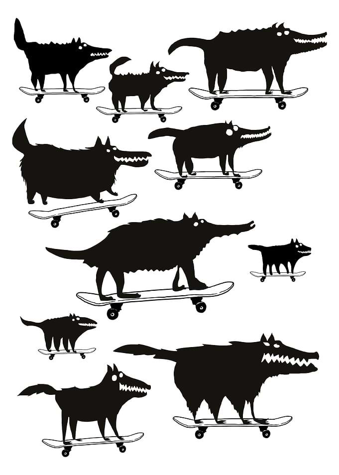 Skateboarding Wolves Black and White Art