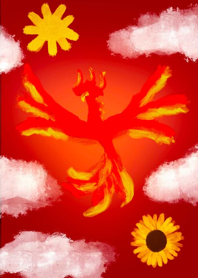 Red Phoenix with Sun and Sunflower - Hope and Rebirth