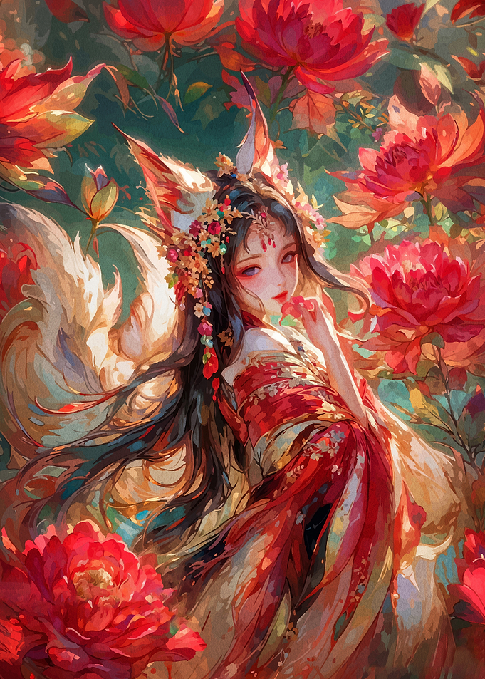 Fox Girl in Floral Fantasy