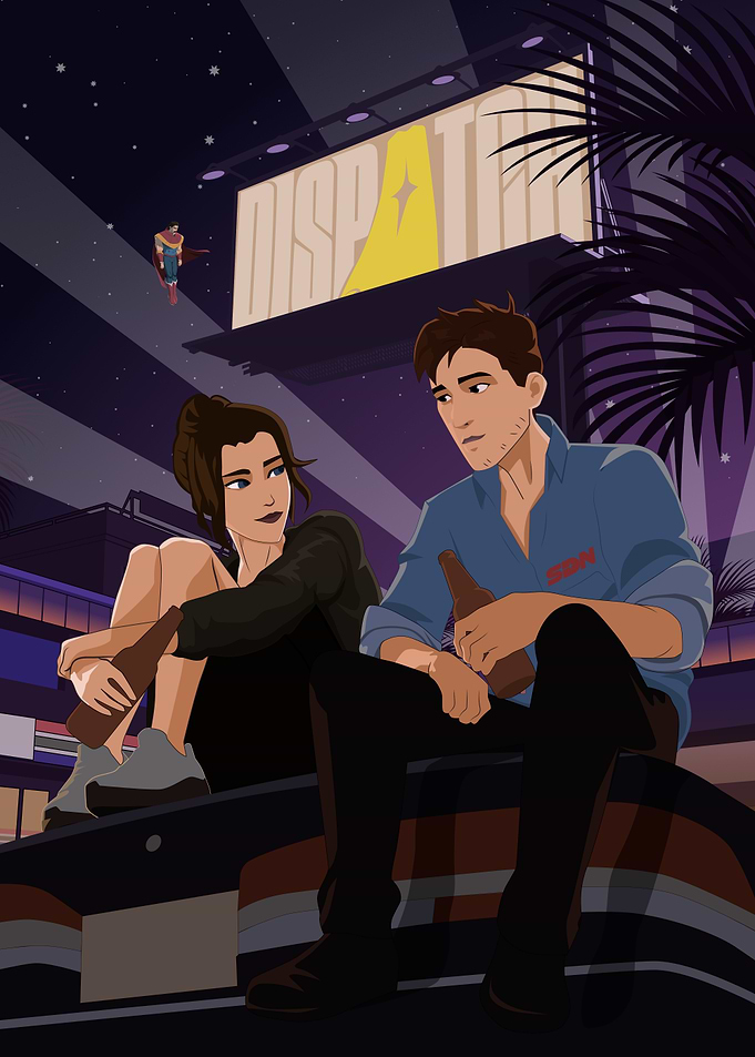 Dispatch Couple with beer under city lights