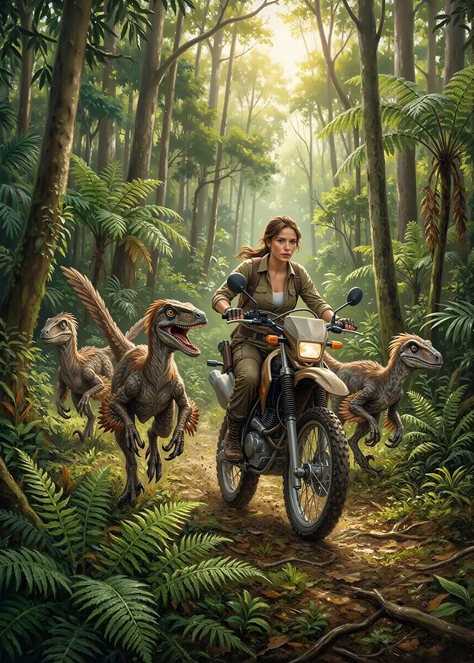 Woman on Motorcycle with Dinosaurs