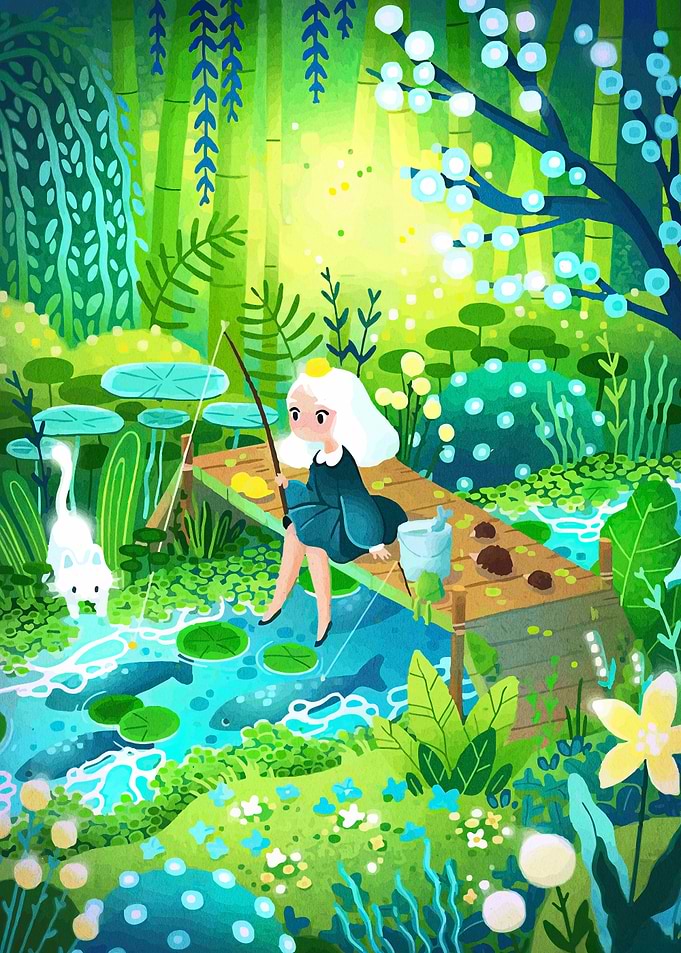 Girl Fishing with Cat in Nature