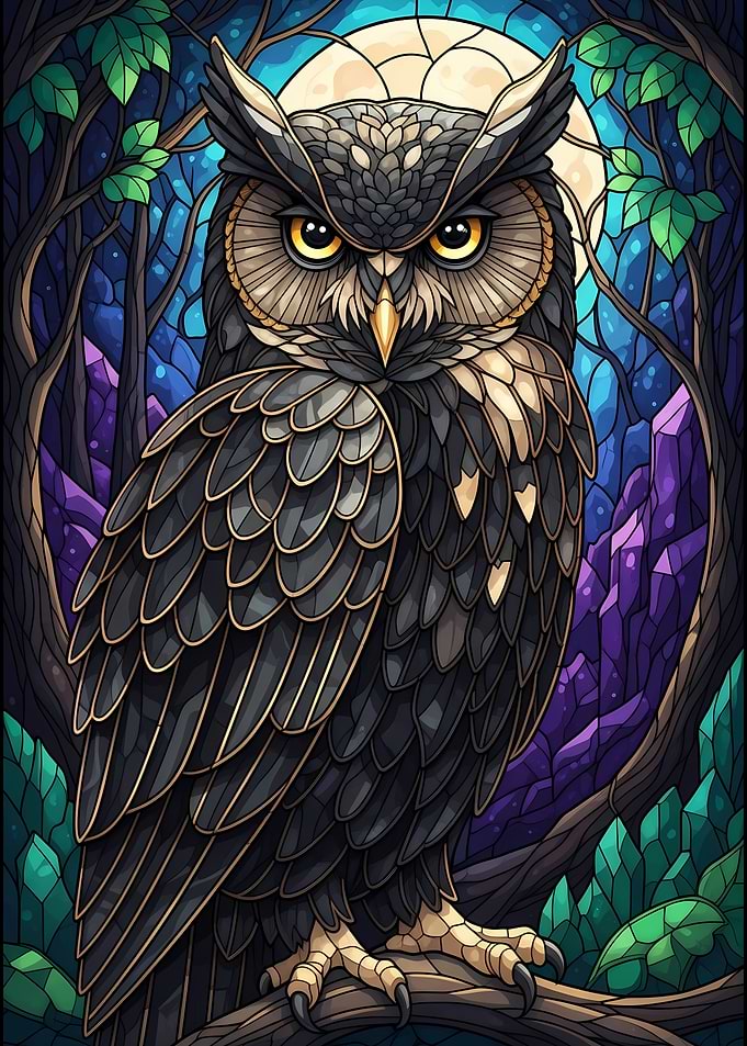Stained Glass Owl in Forest