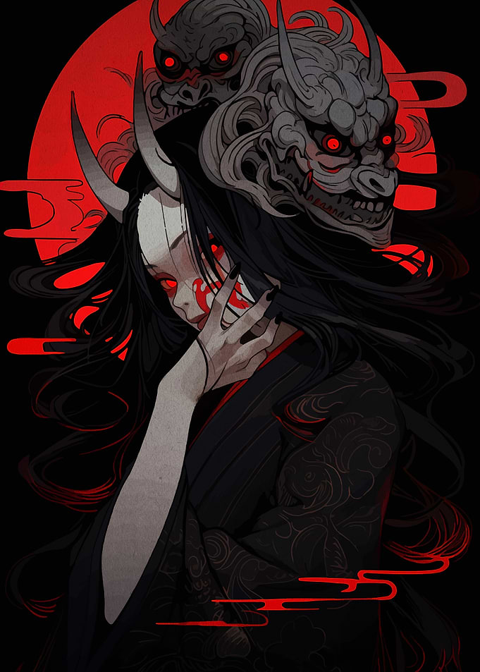 Demon Girl with Oni Masks