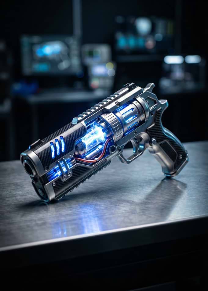 Futuristic Energy Gun on Metal Table
