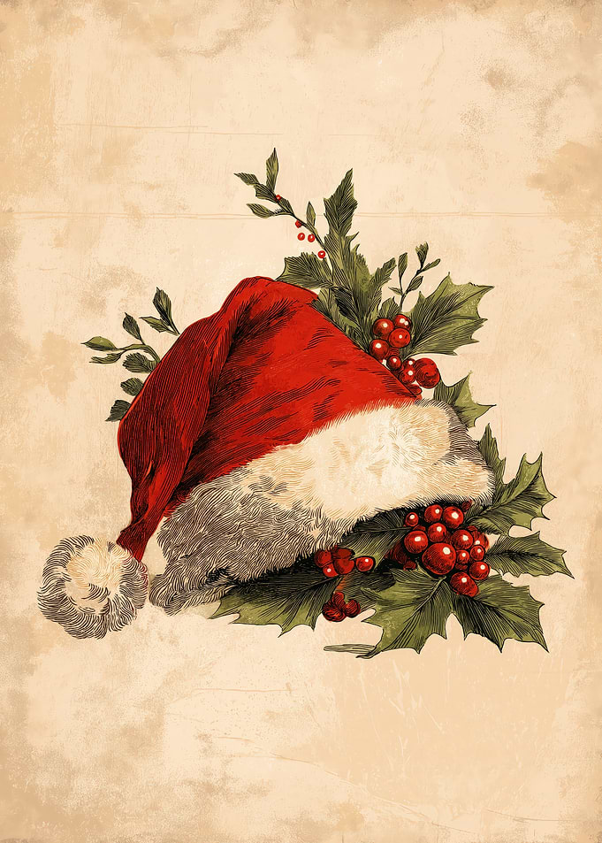 Vintage Santa Hat with Holly Berries