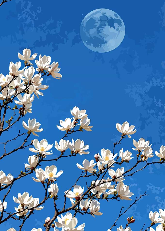 White Flowers Under a Blue Moon