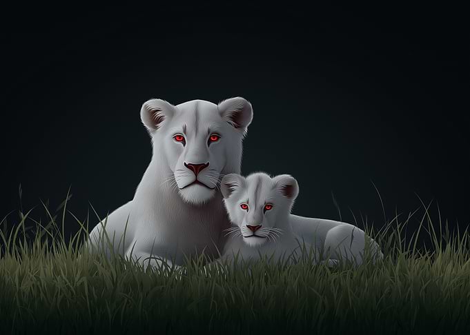 White Lioness and Cub with Red Eyes
