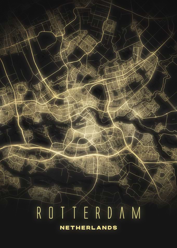 Rotterdam, Netherlands - Illuminated Night City Map Poster, Modern Urban Wall Art