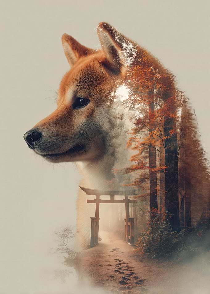 Shiba Inu and Autumn Forest Double Exposure