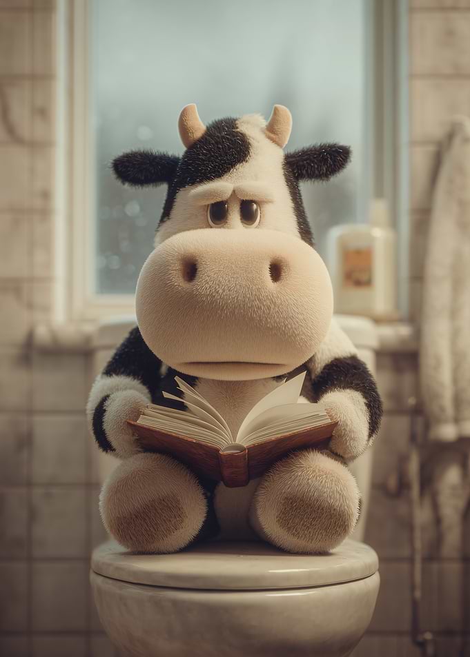 Cow Reading Book on Toilet