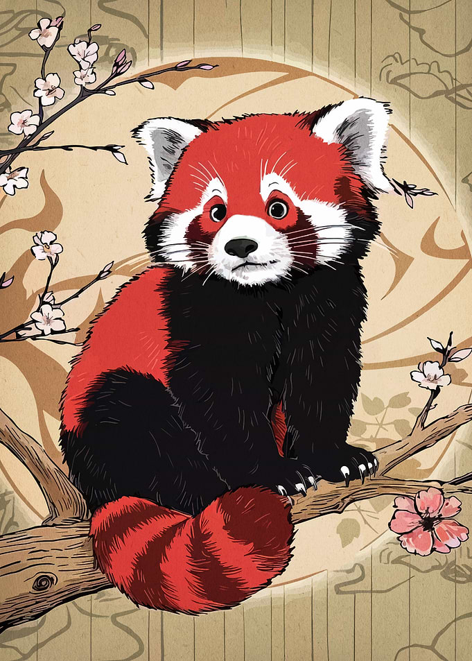 Red Panda on Branch with Blossoms