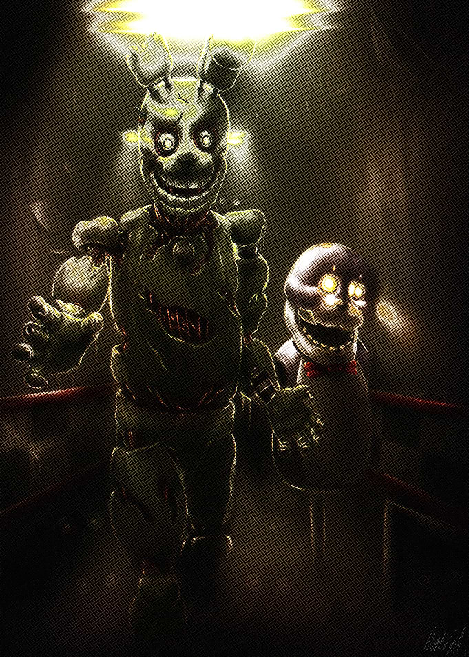 Creepy Animatronics in Dark Hallway