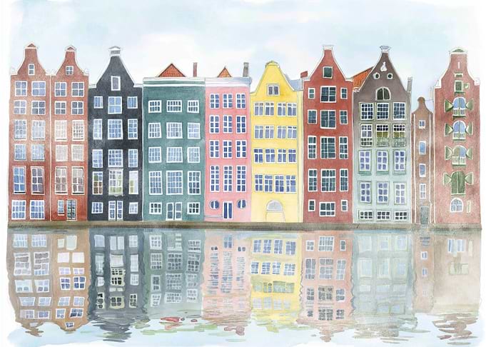 Amsterdam Canal Houses Watercolor Painting