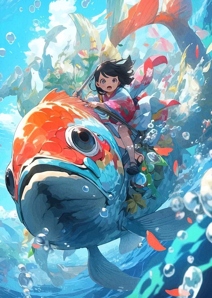 Girl Riding a Giant Koi Fish