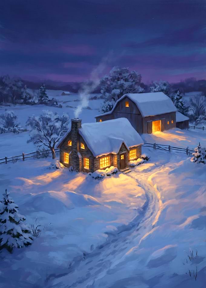 Winter Cabin and Barn at Dusk