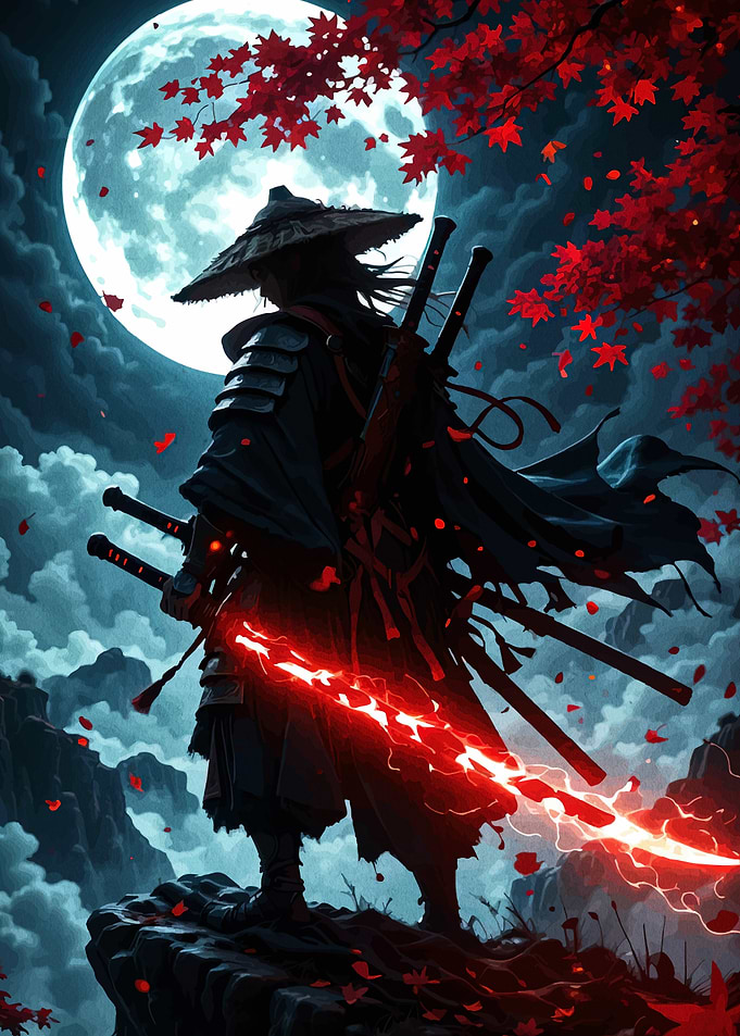 Samurai with Glowing Sword under Moonlight