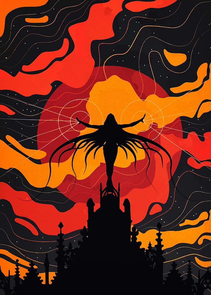 Silhouette Figure on Castle with Red Sky