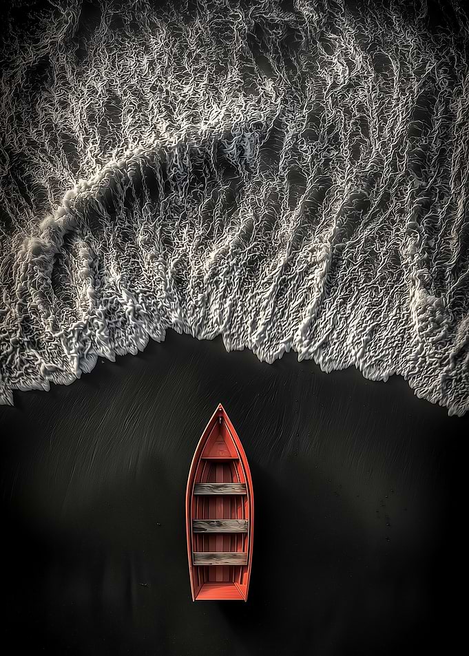 Red Boat on Black Sand Beach