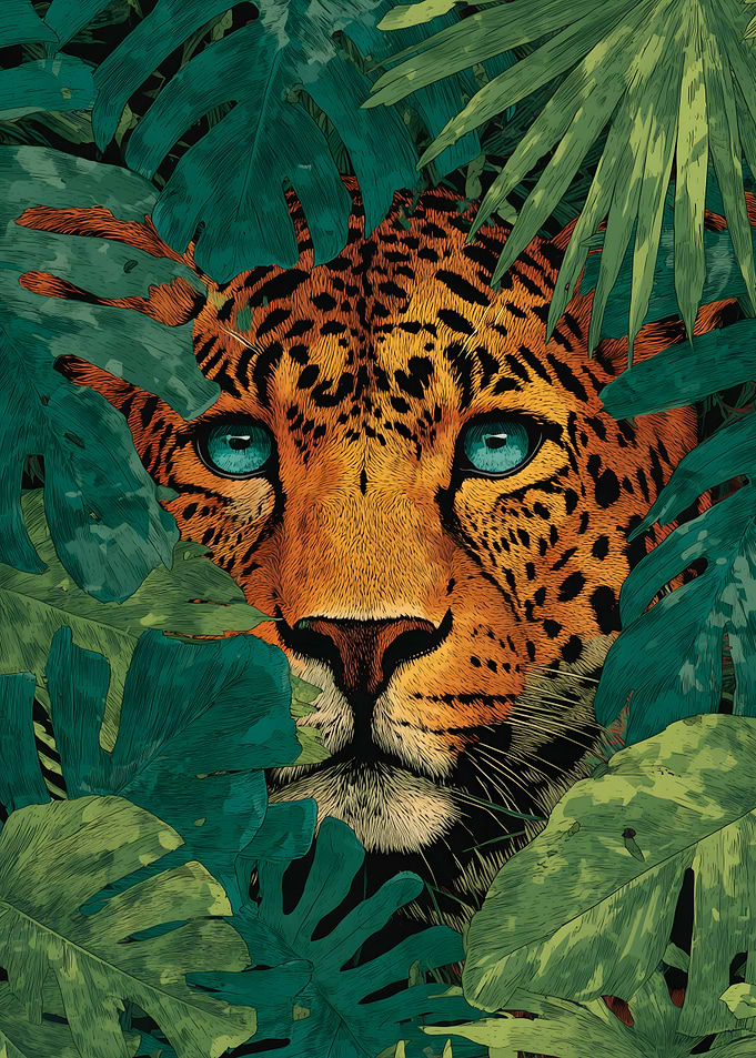 Leopard in Jungle Foliage Illustration