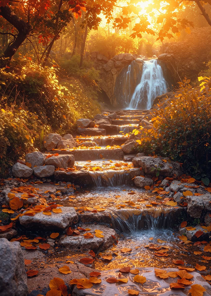Autumn Waterfall with Stone Steps