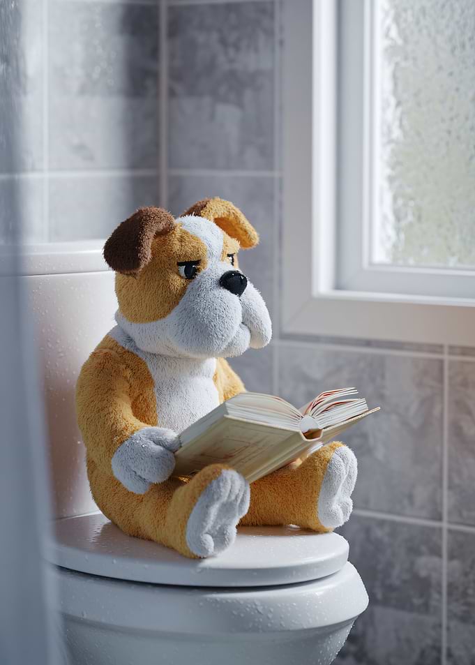 Stuffed Bulldog Reading on Toilet