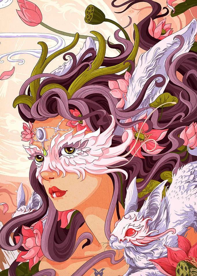 Woman with Rabbit Mask and Lotus