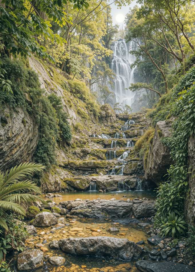 Forest Waterfall Stone Path