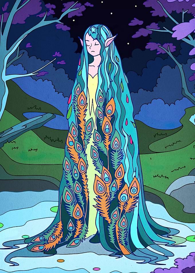 Elf with Peacock Feather Dress