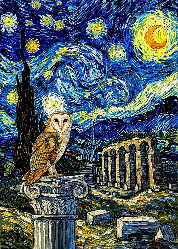 Owl in Starry Night Style Painting