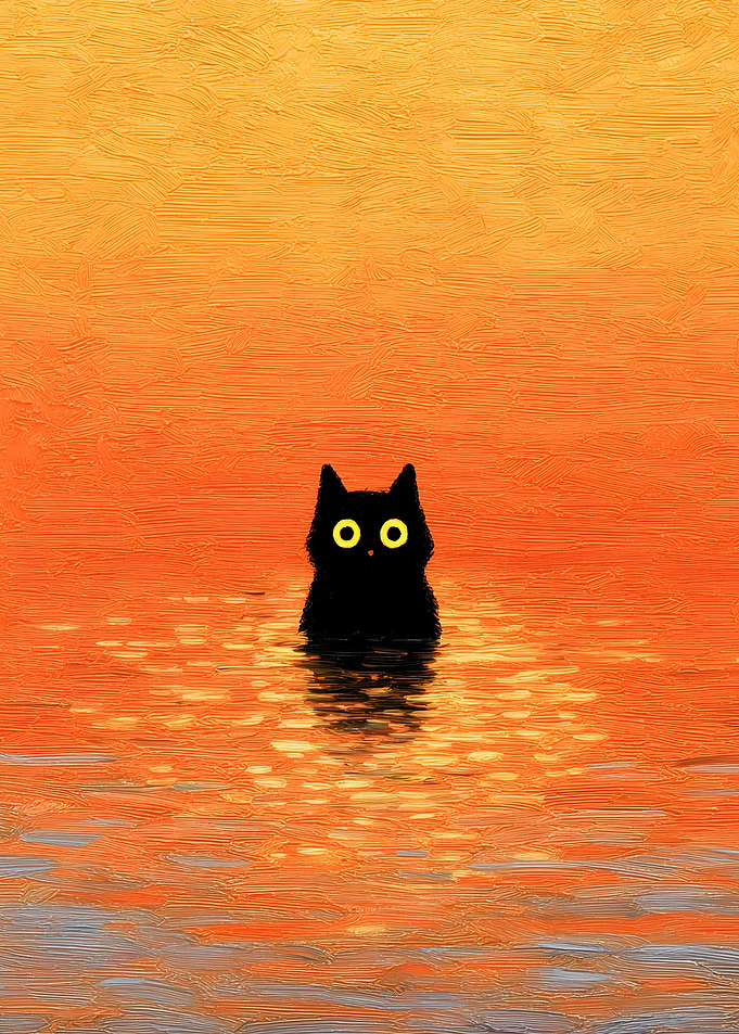 Black Cat in Water at Sunset