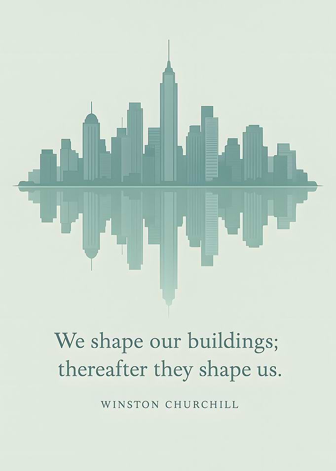 Cityscape Reflection with Winston Churchill Quote