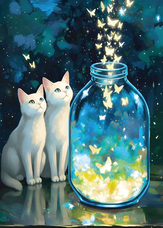 Two White Cats and a Jar of Starlight Butterflies of Dreams