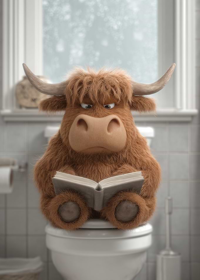 Cartoon Highland Cow Reading on Toilet