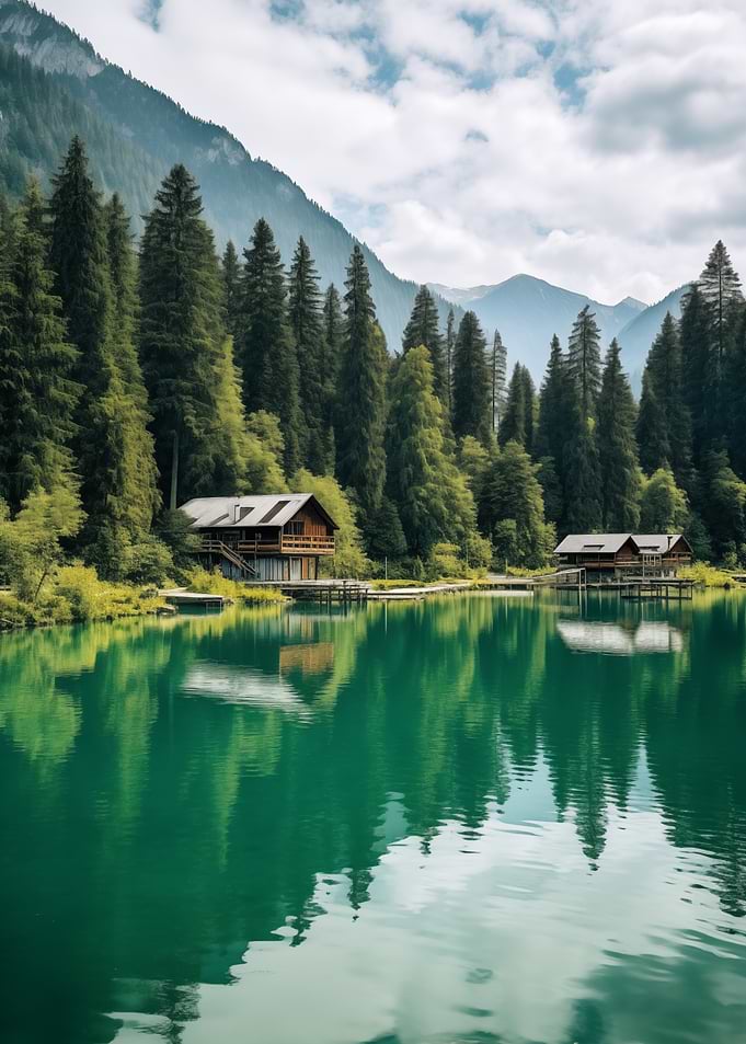 Lake with cabins in forest