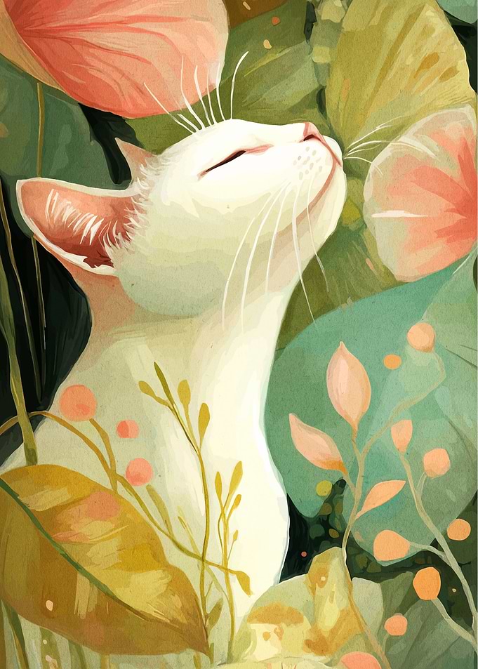 White Cat in Floral Garden