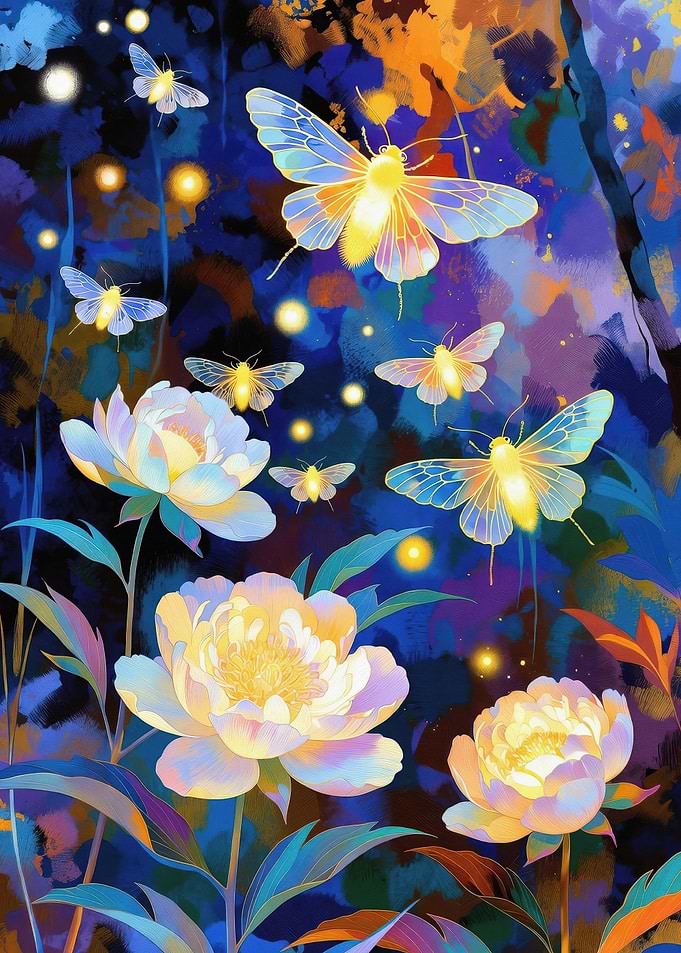 Floral Night with Glowing Butterflies