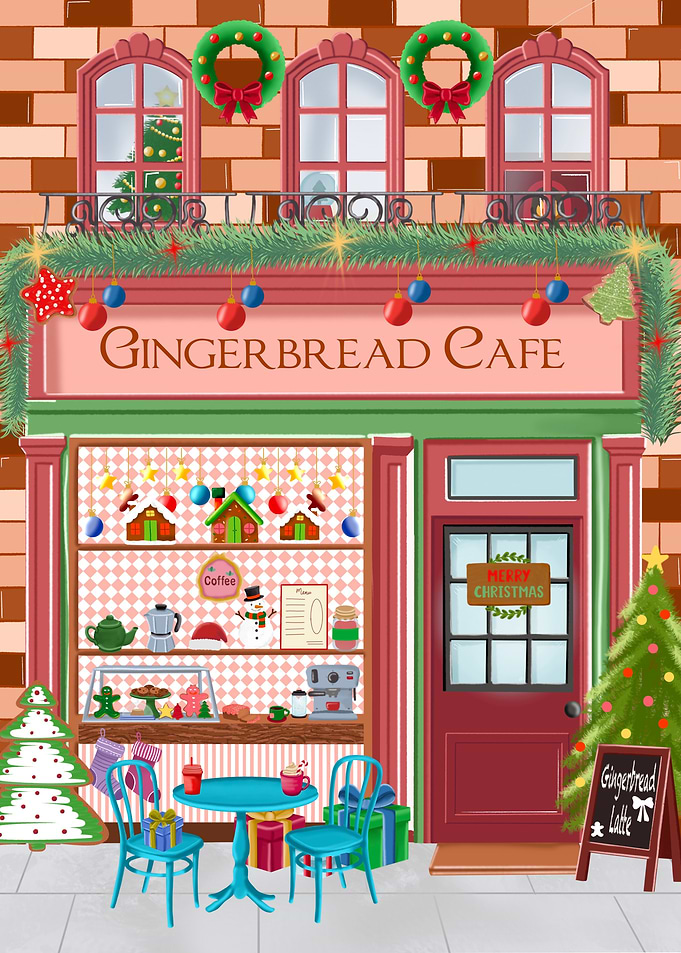 Gingerbread Cafe Christmas Illustration